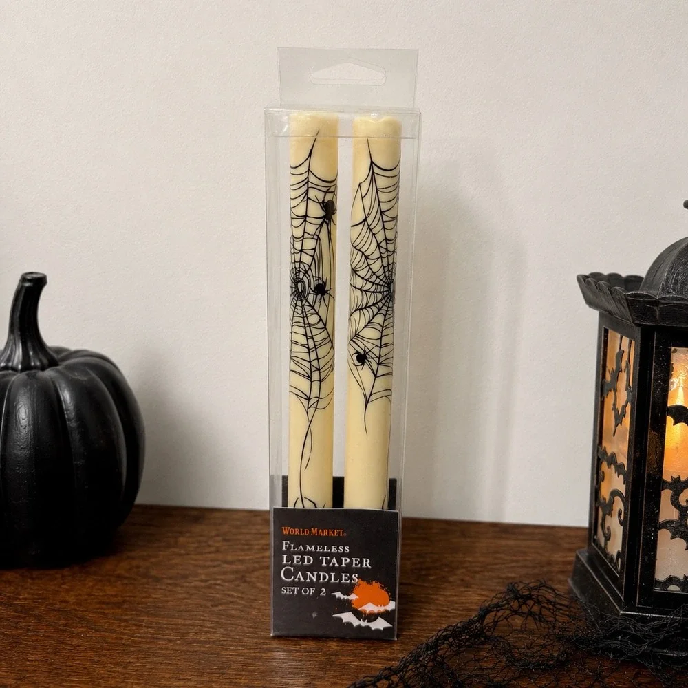 World Market Halloween Flameless LED Taper Candles Bats Spiderwebs Set of 4